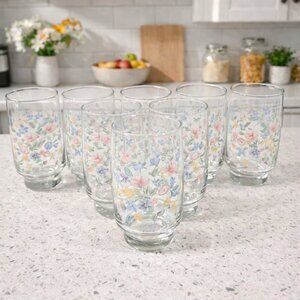 Vintage 1980s 8pc Set Arcoroc France Glasses / Tumblers with Floral Design